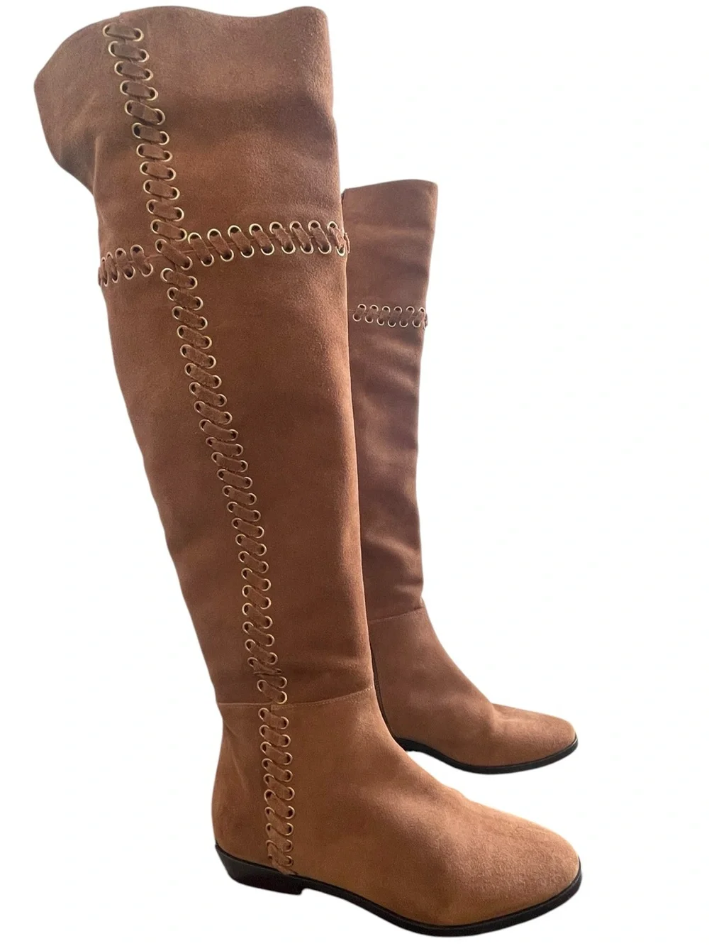 Michael Kors Malin Over The Knee Suede Boots Brown Whipstitch Gold Grommet 7.5